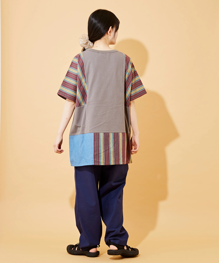 CUBE SUGAR(キューブシュガー) |ストライプ × デニム × カットソー 切替 ドルマン Tシャツ