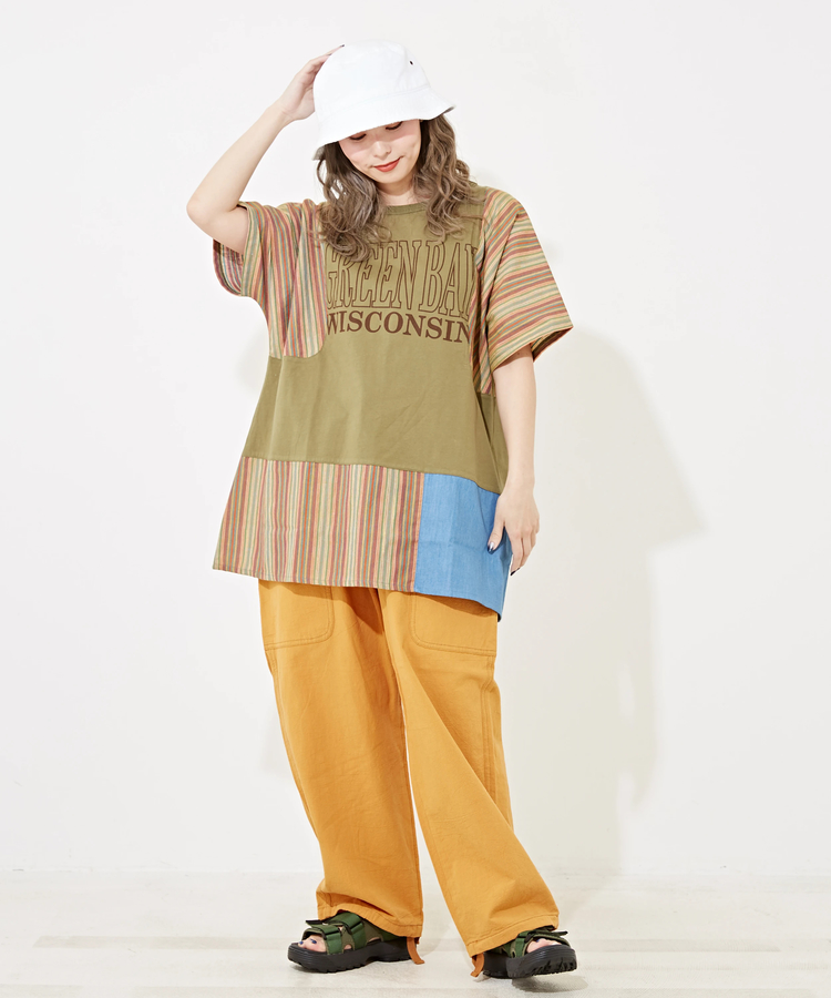 CUBE SUGAR(キューブシュガー) |ストライプ × デニム × カットソー 切替 ドルマン Tシャツ