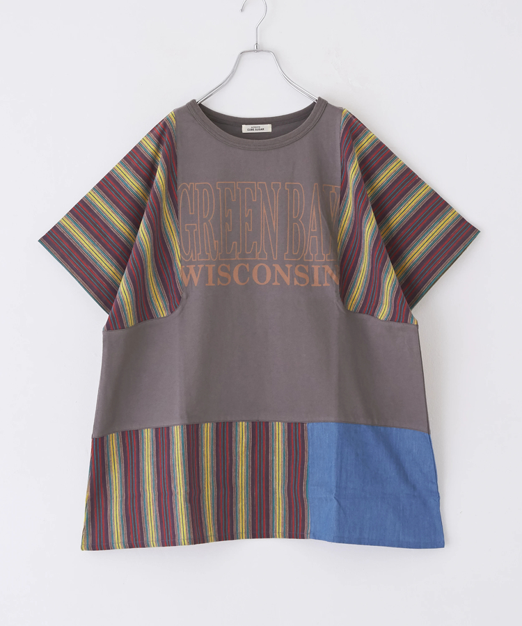 CUBE SUGAR(キューブシュガー) |ストライプ × デニム × カットソー 切替 ドルマン Tシャツ