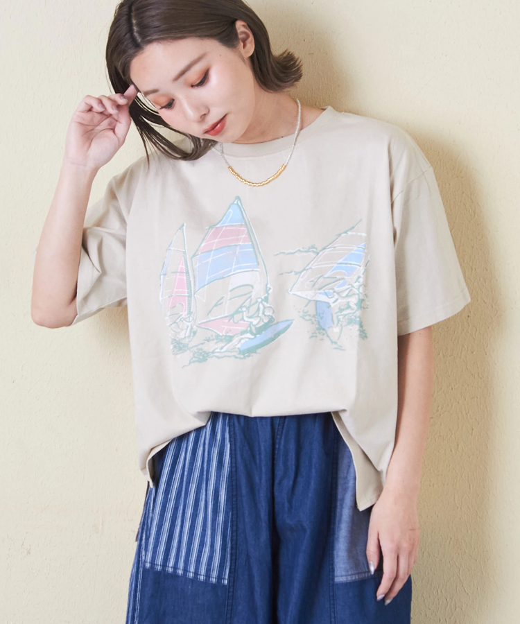 CUBE SUGAR(キューブシュガー) |OE天竺 パウダー加工 ヨット柄 ビッグ Tシャツ