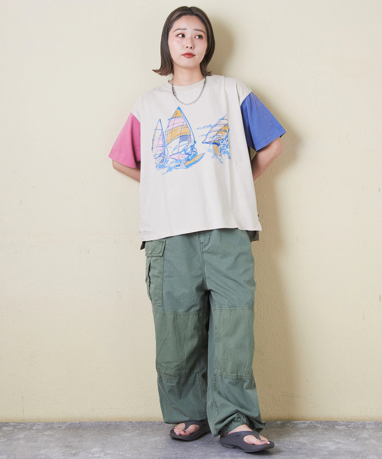 CUBE SUGAR(キューブシュガー) |OE天竺 パウダー加工 ヨット柄 ビッグ Tシャツ