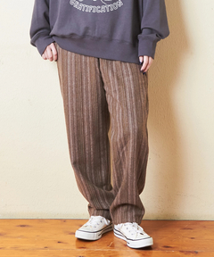 微起毛 ストライプ テーパード ギャザー パンツ