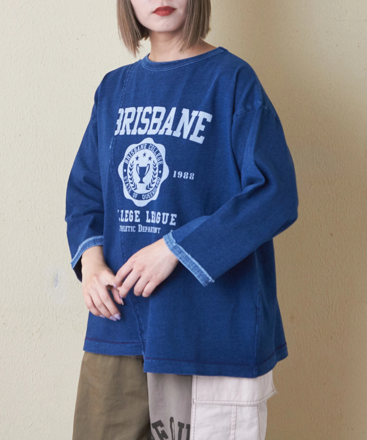 CUBE SUGAR(キューブシュガー) |インディゴ 天竺 カットソー リメイク風 切替 Tシャツ