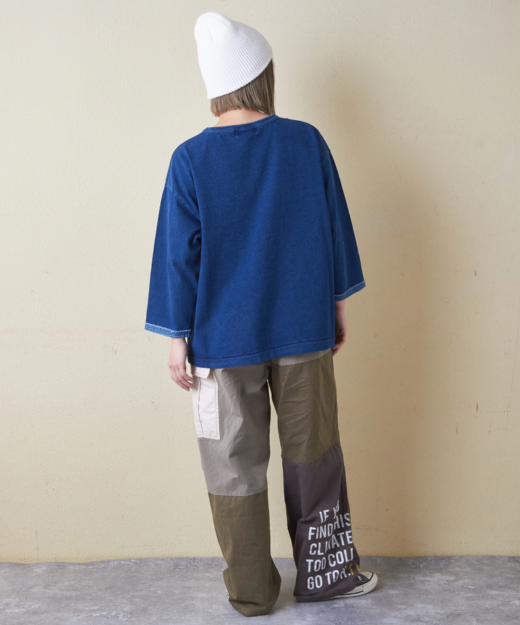 CUBE SUGAR(キューブシュガー) |インディゴ 天竺 カットソー リメイク風 切替 Tシャツ