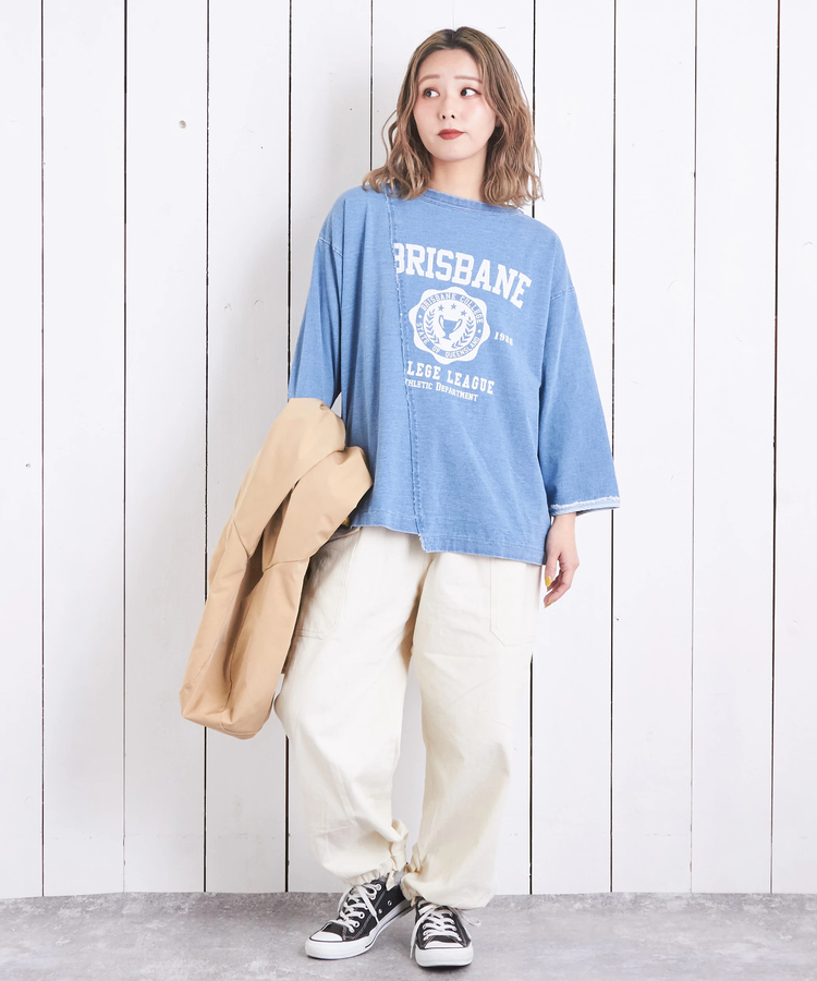 CUBE SUGAR(キューブシュガー) |インディゴ 天竺 カットソー リメイク風 切替 Tシャツ