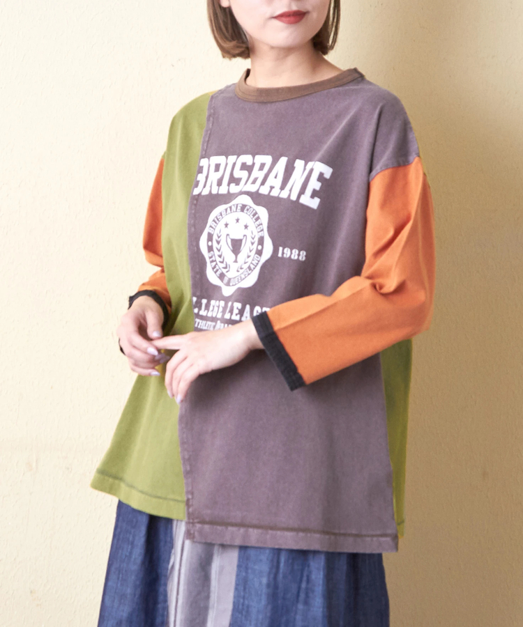 CUBE SUGAR(キューブシュガー) |21/-OE天竺 カットソー パウダー加工 リメイク風 切替 Tシャツ