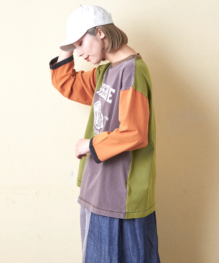 CUBE SUGAR(キューブシュガー) |21/-OE天竺 カットソー パウダー加工 リメイク風 切替 Tシャツ
