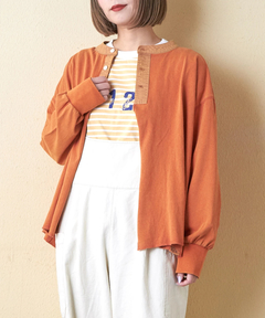 21/-OE天竺 カットソー パウダー加工 ヘンリーネック カーディガン