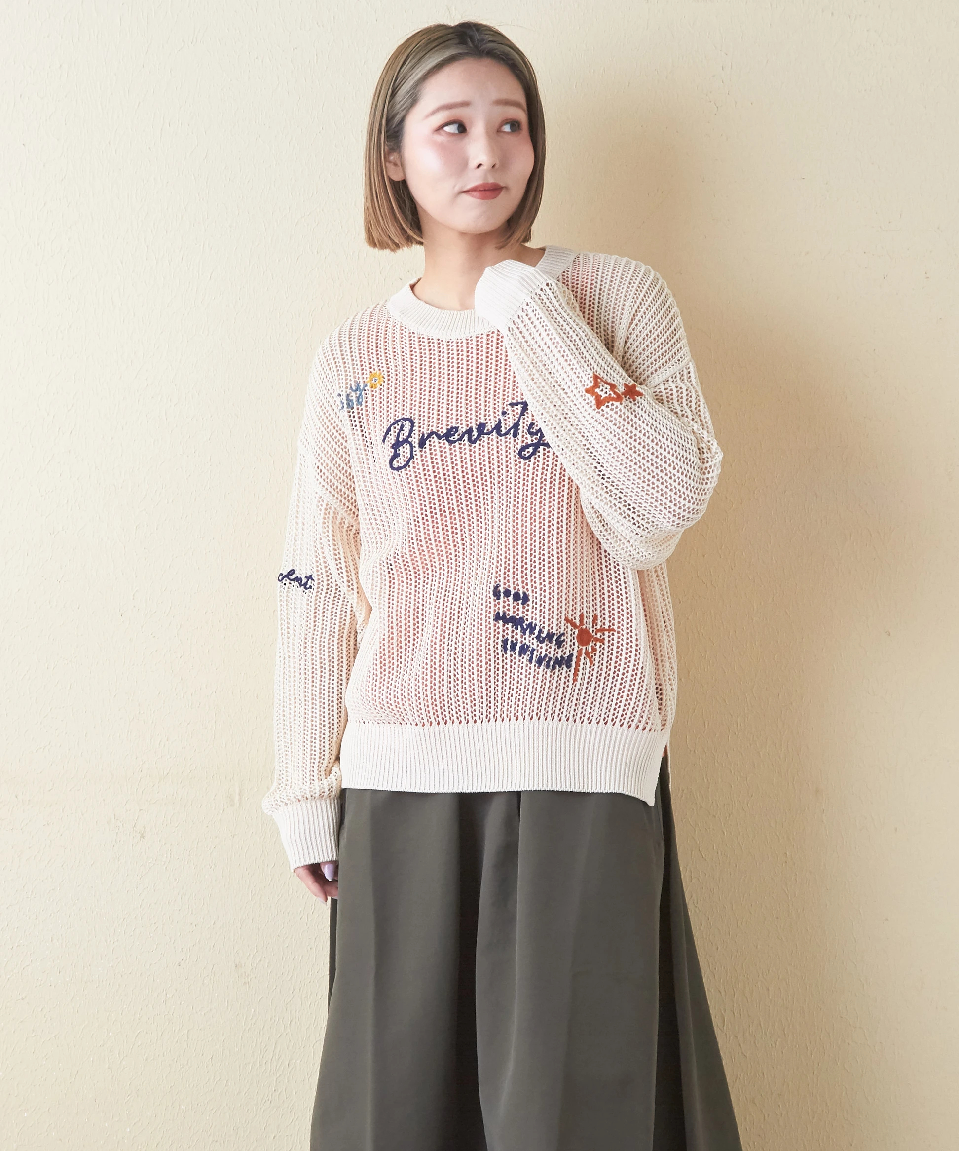 麻タッチ ニット ロゴ刺繍 メッシュ プルオーバー｜ファッション