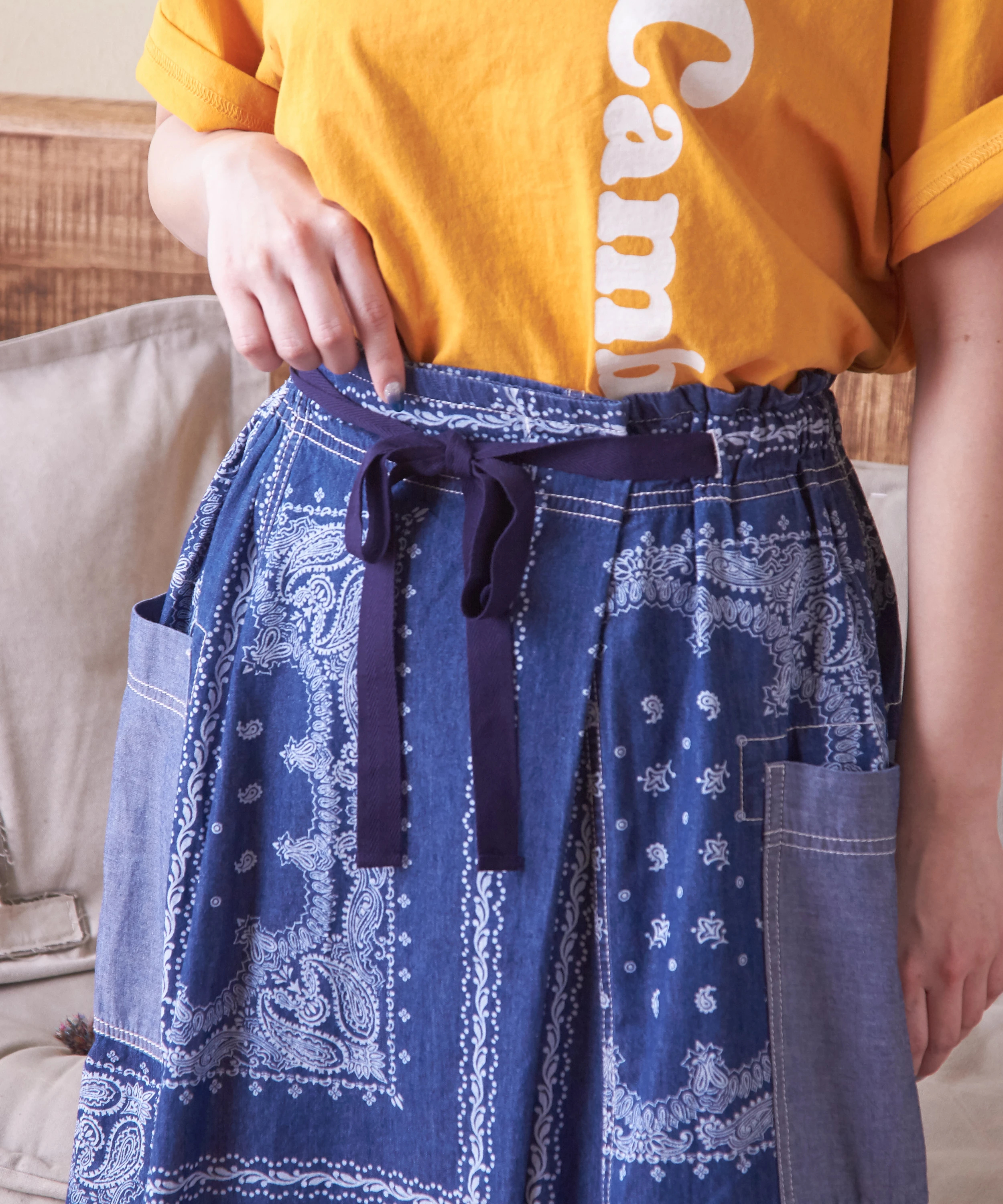 総柄 プリント フェイク 巻きスカート ( 4.5オンス デニム