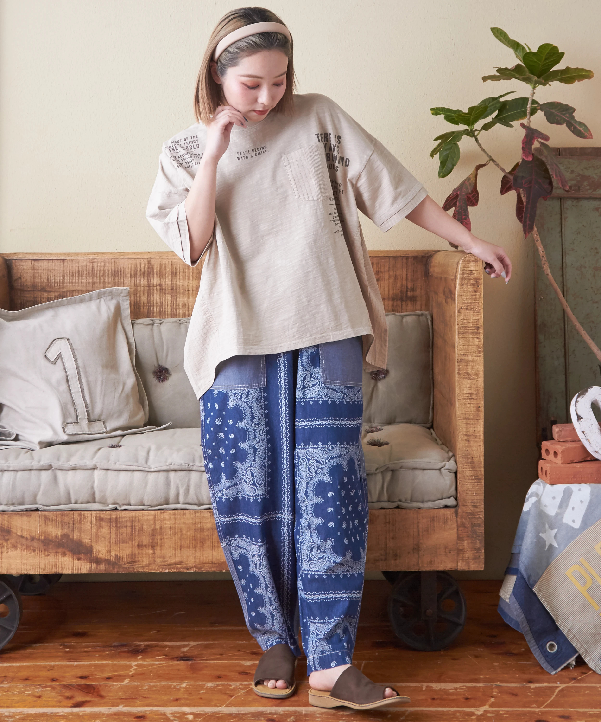 総柄 プリント 切替 コクーンパンツ ( 4.5オンス デニム