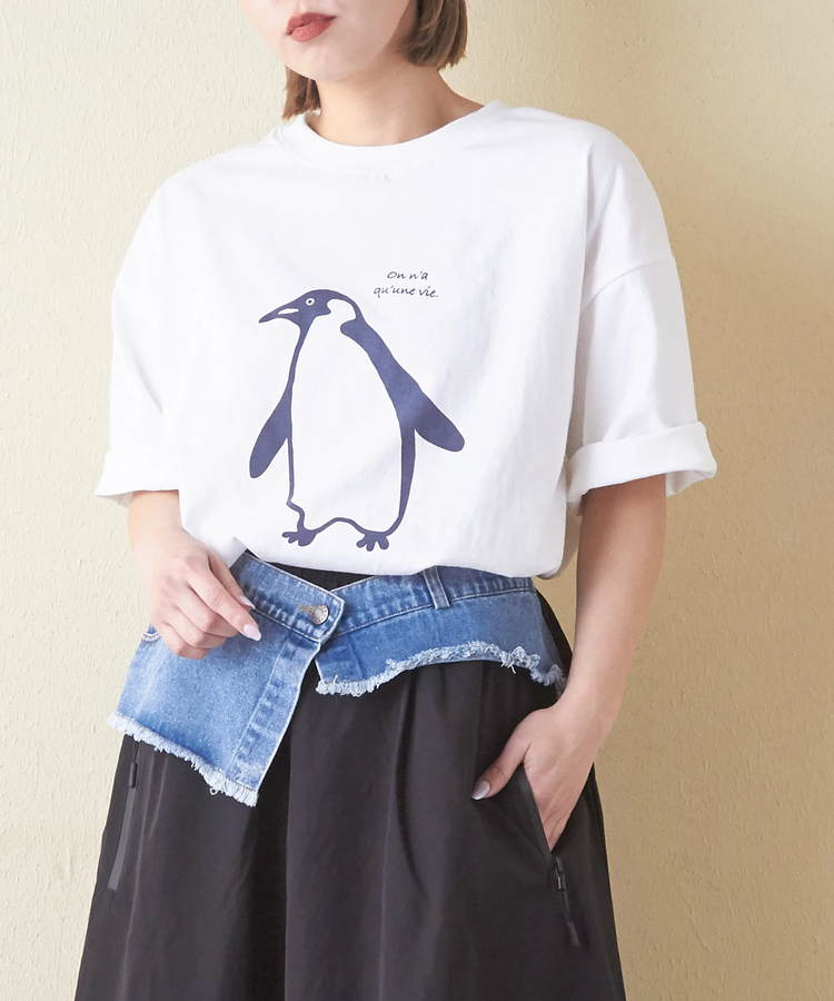 CUBE SUGAR(キューブシュガー) |21/-OE天竺 ハードウォッシュ ペンギン プリント Tシャツ