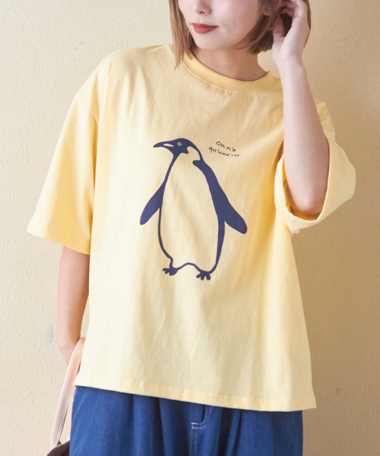CUBE SUGAR(キューブシュガー) |21/-OE天竺 ハードウォッシュ ペンギン プリント Tシャツ