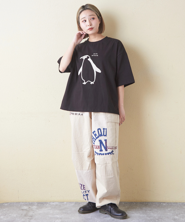 CUBE SUGAR(キューブシュガー) |21/-OE天竺 ハードウォッシュ ペンギン プリント Tシャツ