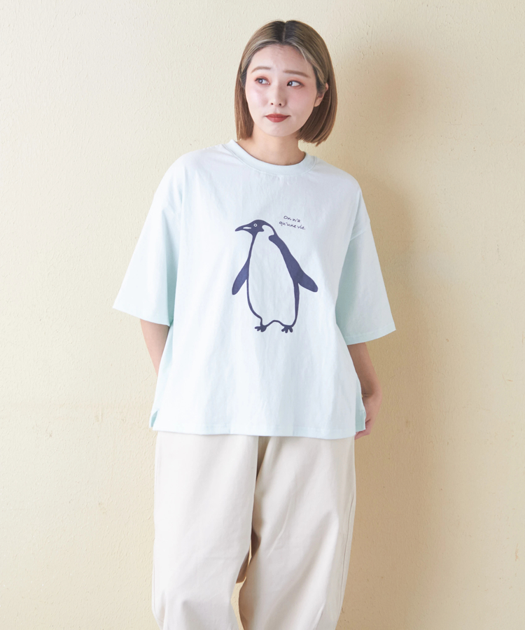 CUBE SUGAR(キューブシュガー) |21/-OE天竺 ハードウォッシュ ペンギン プリント Tシャツ
