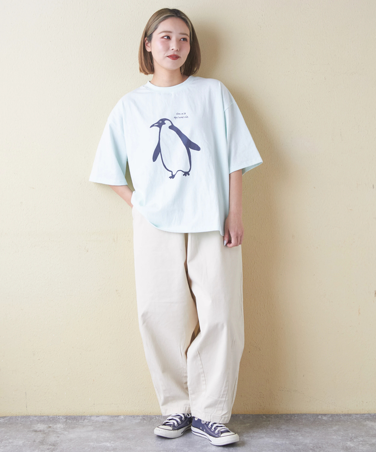 CUBE SUGAR(キューブシュガー) |21/-OE天竺 ハードウォッシュ ペンギン プリント Tシャツ