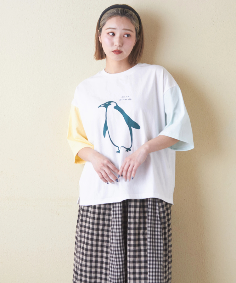 CUBE SUGAR(キューブシュガー) |21/-OE天竺 ハードウォッシュ ペンギン プリント Tシャツ
