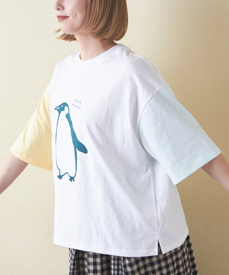 CUBE SUGAR(キューブシュガー) |21/-OE天竺 ハードウォッシュ ペンギン プリント Tシャツ