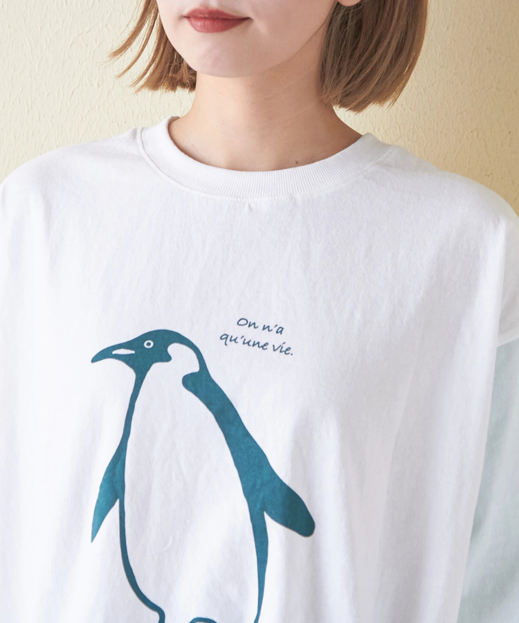 CUBE SUGAR(キューブシュガー) |21/-OE天竺 ハードウォッシュ ペンギン プリント Tシャツ