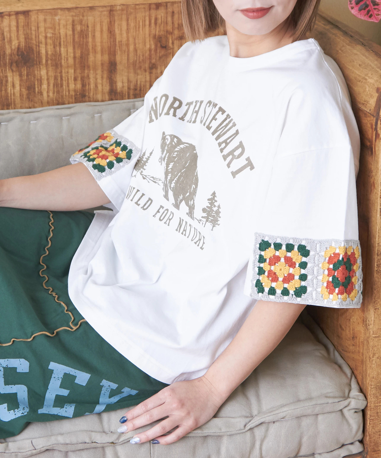 CUBE SUGAR(キューブシュガー) |21/-天竺 × カギ針ニット モチーフ Tシャツ