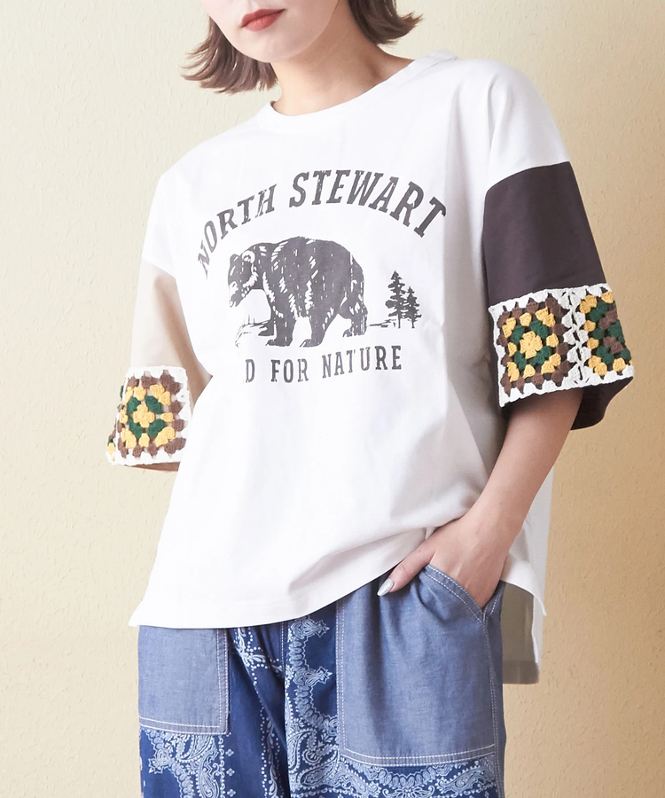 CUBE SUGAR(キューブシュガー) |21/-天竺 × カギ針ニット モチーフ Tシャツ