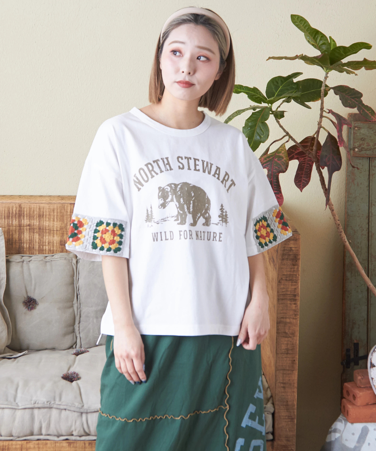 CUBE SUGAR(キューブシュガー) |21/-天竺 × カギ針ニット モチーフ Tシャツ