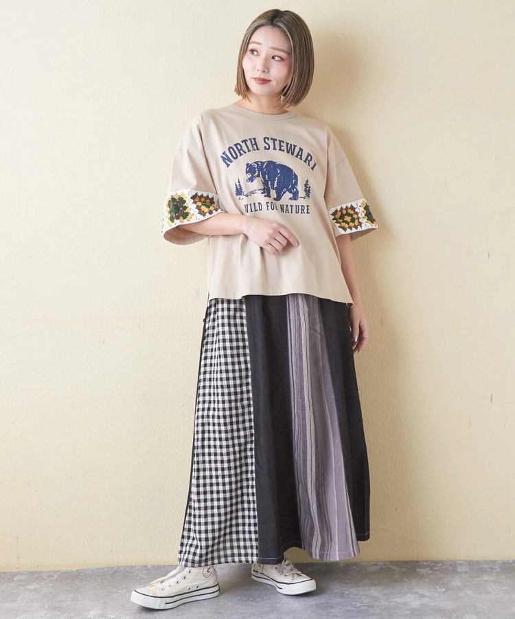 CUBE SUGAR(キューブシュガー) |21/-天竺 × カギ針ニット モチーフ Tシャツ