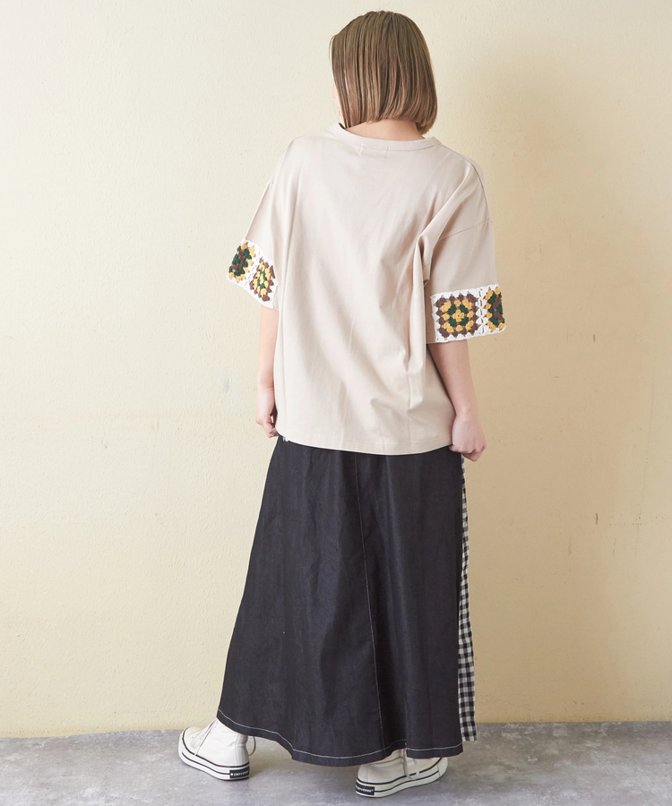 CUBE SUGAR(キューブシュガー) |21/-天竺 × カギ針ニット モチーフ Tシャツ