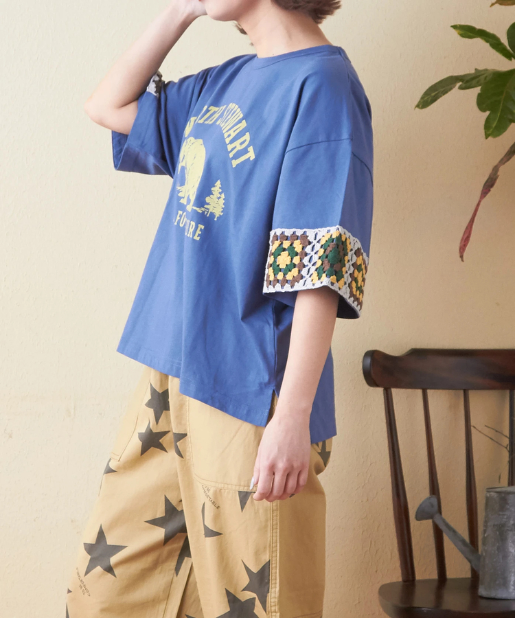 CUBE SUGAR(キューブシュガー) |21/-天竺 × カギ針ニット モチーフ Tシャツ