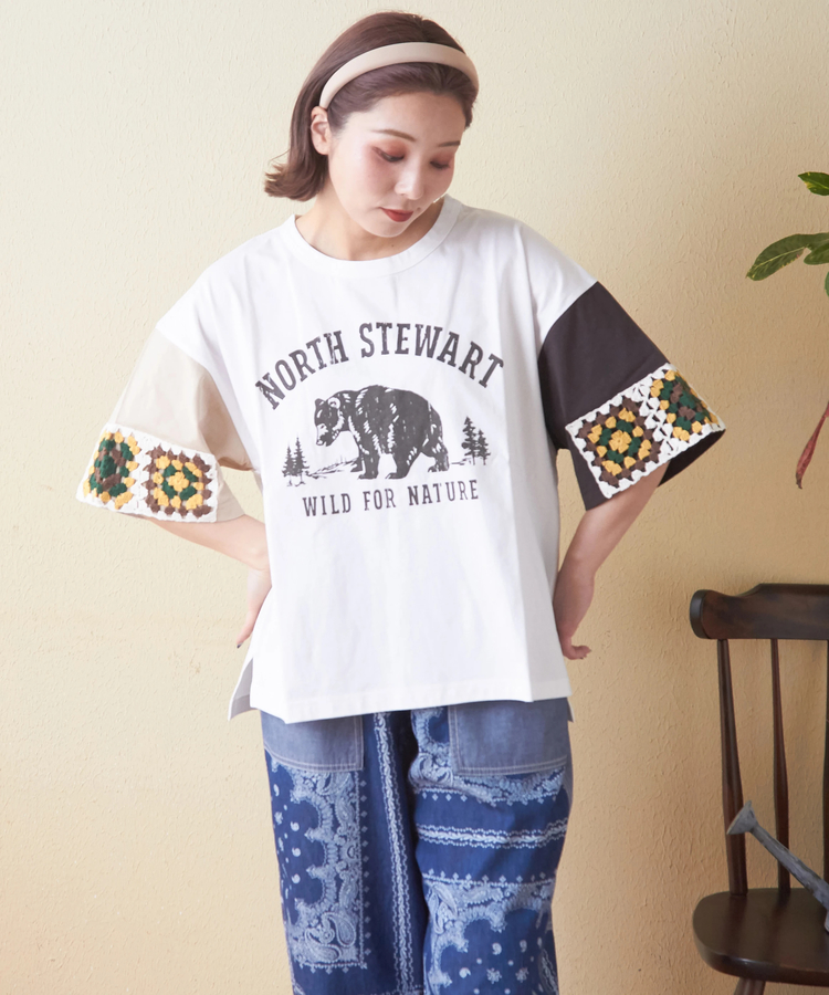CUBE SUGAR(キューブシュガー) |21/-天竺 × カギ針ニット モチーフ Tシャツ