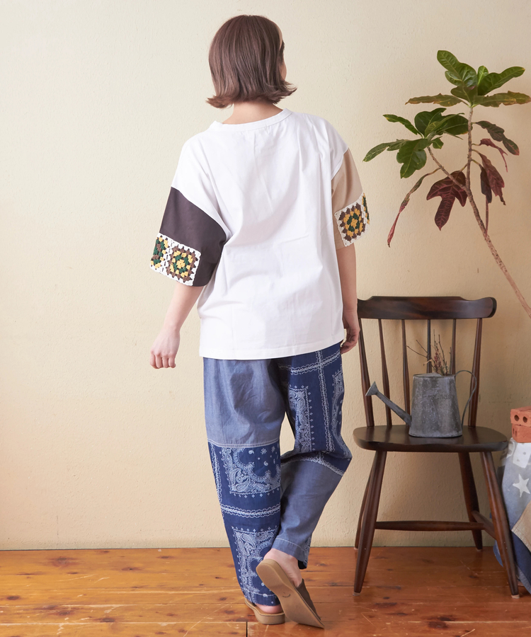 CUBE SUGAR(キューブシュガー) |21/-天竺 × カギ針ニット モチーフ Tシャツ