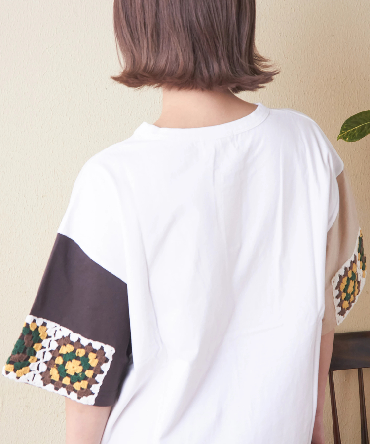 CUBE SUGAR(キューブシュガー) |21/-天竺 × カギ針ニット モチーフ Tシャツ