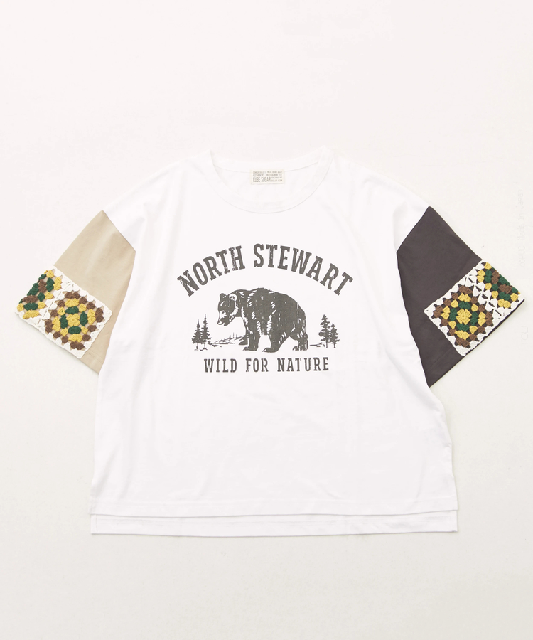 CUBE SUGAR(キューブシュガー) |21/-天竺 × カギ針ニット モチーフ Tシャツ