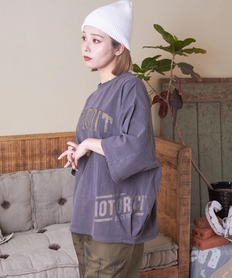 CUBE SUGAR(キューブシュガー) |スラブ天竺 ピグメント染 異素材 切替 裾タック プルオーバー Tシャツ