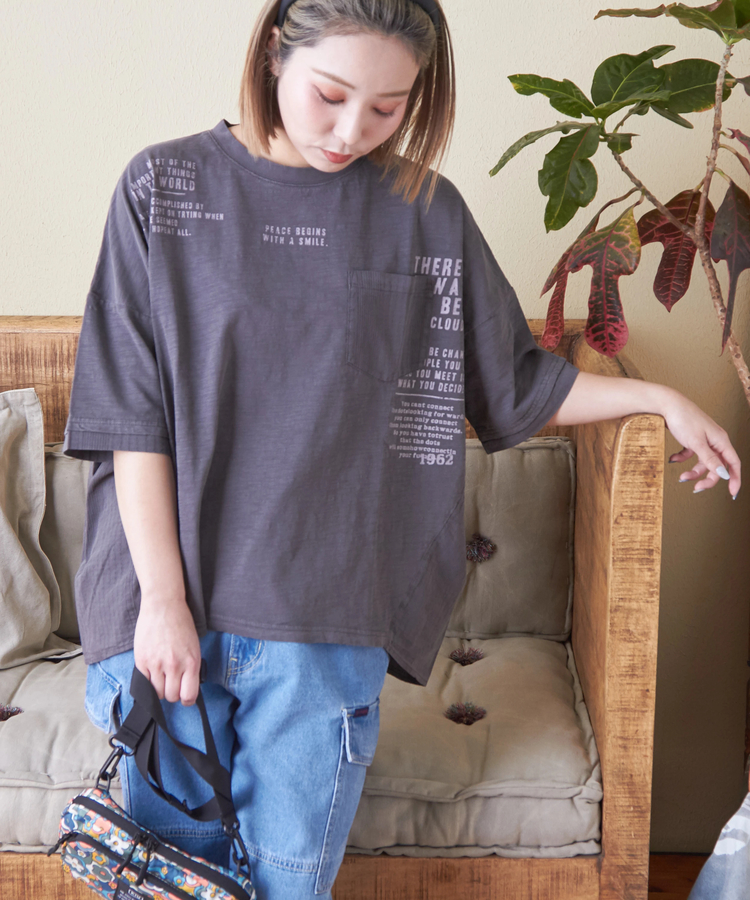 CUBE SUGAR(キューブシュガー) |スラブ天竺 ピグメント染 異素材 切替 バック ギャザー プルオーバー Tシャツ