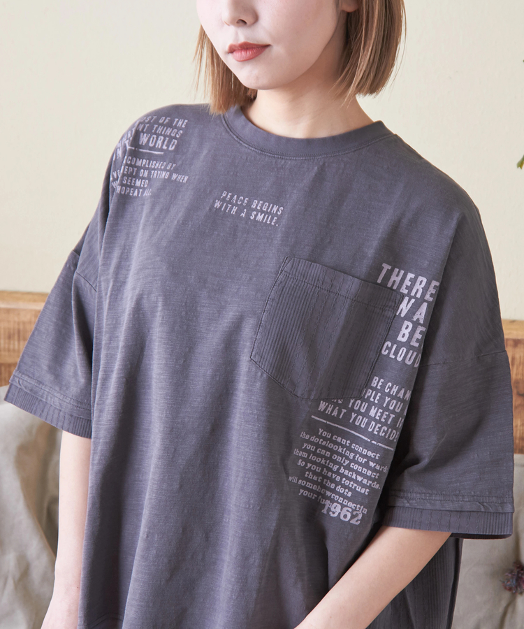 CUBE SUGAR(キューブシュガー) |スラブ天竺 ピグメント染 異素材 切替 バック ギャザー プルオーバー Tシャツ