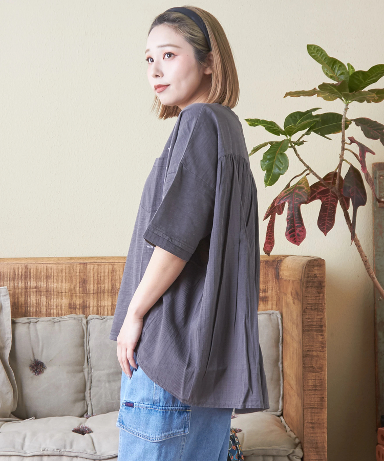 CUBE SUGAR(キューブシュガー) |スラブ天竺 ピグメント染 異素材 切替 バック ギャザー プルオーバー Tシャツ