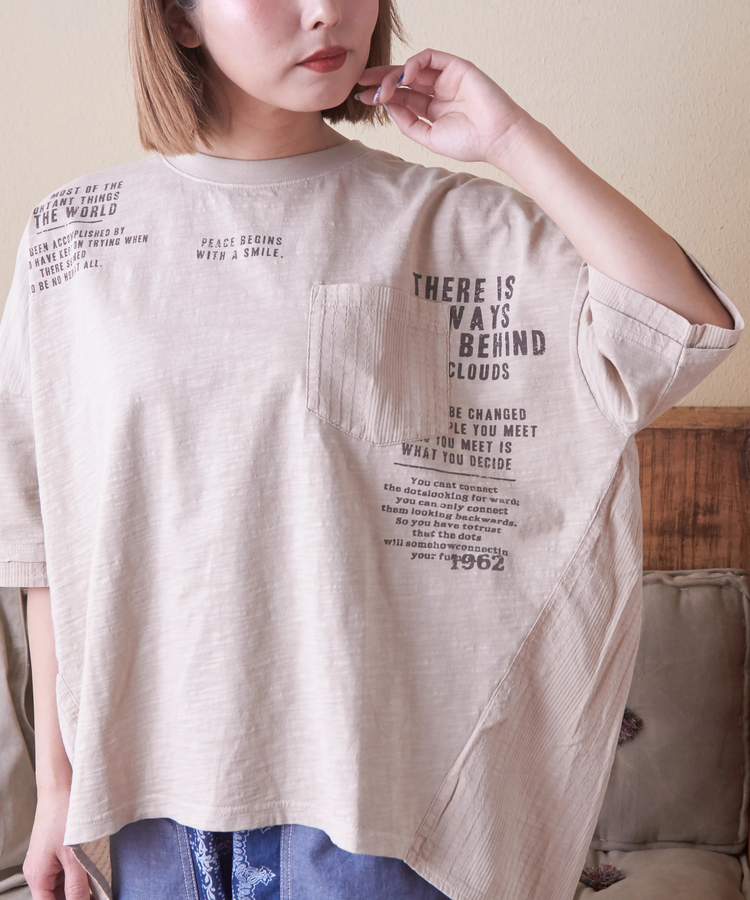 CUBE SUGAR(キューブシュガー) |スラブ天竺 ピグメント染 異素材 切替 バック ギャザー プルオーバー Tシャツ