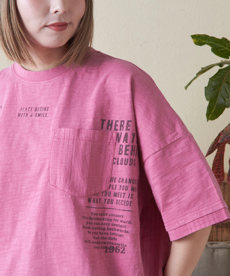 CUBE SUGAR(キューブシュガー) |スラブ天竺 ピグメント染 異素材 切替 バック ギャザー プルオーバー Tシャツ