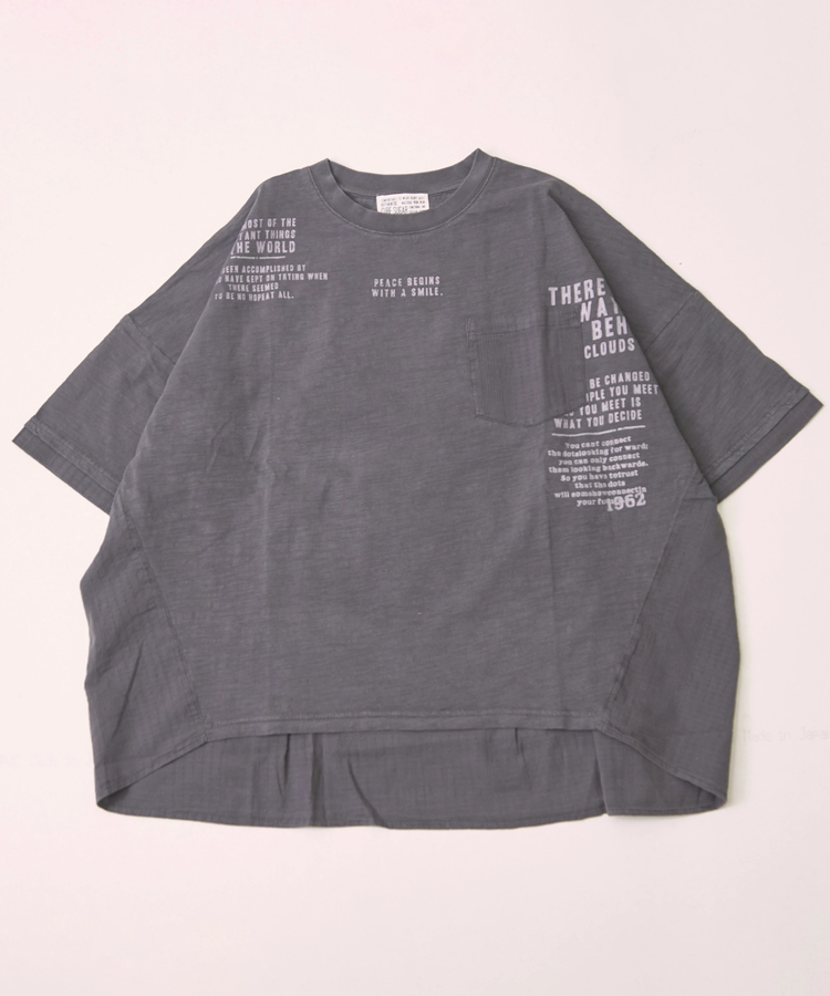 CUBE SUGAR(キューブシュガー) |スラブ天竺 ピグメント染 異素材 切替 バック ギャザー プルオーバー Tシャツ