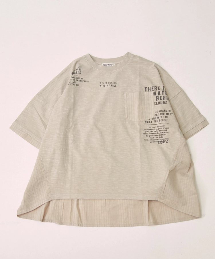 CUBE SUGAR(キューブシュガー) |スラブ天竺 ピグメント染 異素材 切替 バック ギャザー プルオーバー Tシャツ