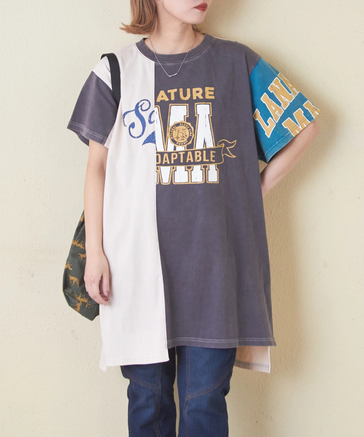 CUBE SUGAR(キューブシュガー) |26/-天竺 パウダー加工 アシンメトリー 切替 チュニック Tシャツ