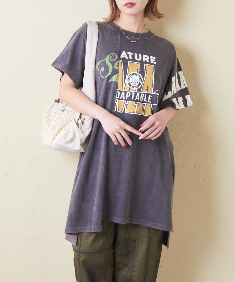 CUBE SUGAR(キューブシュガー) |26/-天竺 パウダー加工 アシンメトリー 切替 チュニック Tシャツ