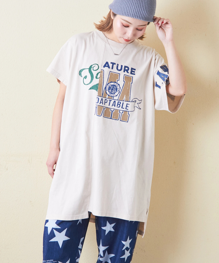 CUBE SUGAR(キューブシュガー) |26/-天竺 パウダー加工 アシンメトリー 切替 チュニック Tシャツ