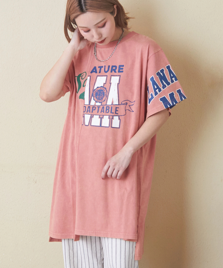 CUBE SUGAR(キューブシュガー) |26/-天竺 パウダー加工 アシンメトリー 切替 チュニック Tシャツ