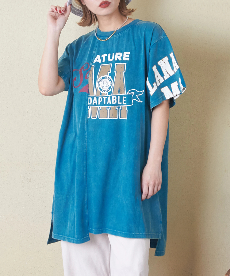 CUBE SUGAR(キューブシュガー) |26/-天竺 パウダー加工 アシンメトリー 切替 チュニック Tシャツ