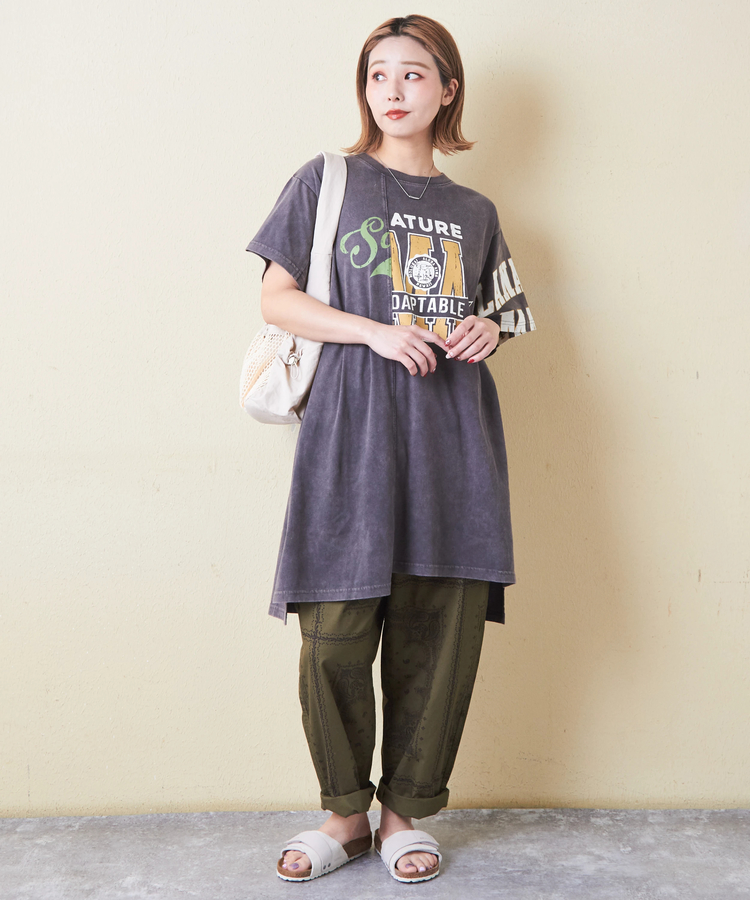 CUBE SUGAR(キューブシュガー) |26/-天竺 パウダー加工 アシンメトリー 切替 チュニック Tシャツ