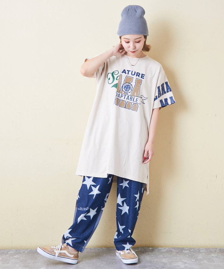 CUBE SUGAR(キューブシュガー) |26/-天竺 パウダー加工 アシンメトリー 切替 チュニック Tシャツ