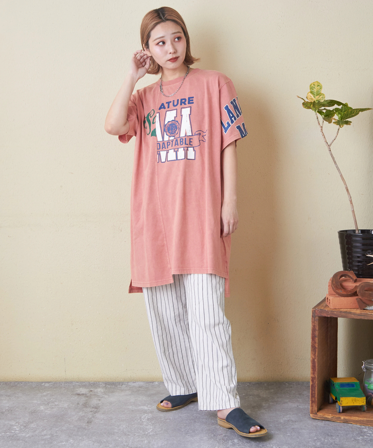 CUBE SUGAR(キューブシュガー) |26/-天竺 パウダー加工 アシンメトリー 切替 チュニック Tシャツ