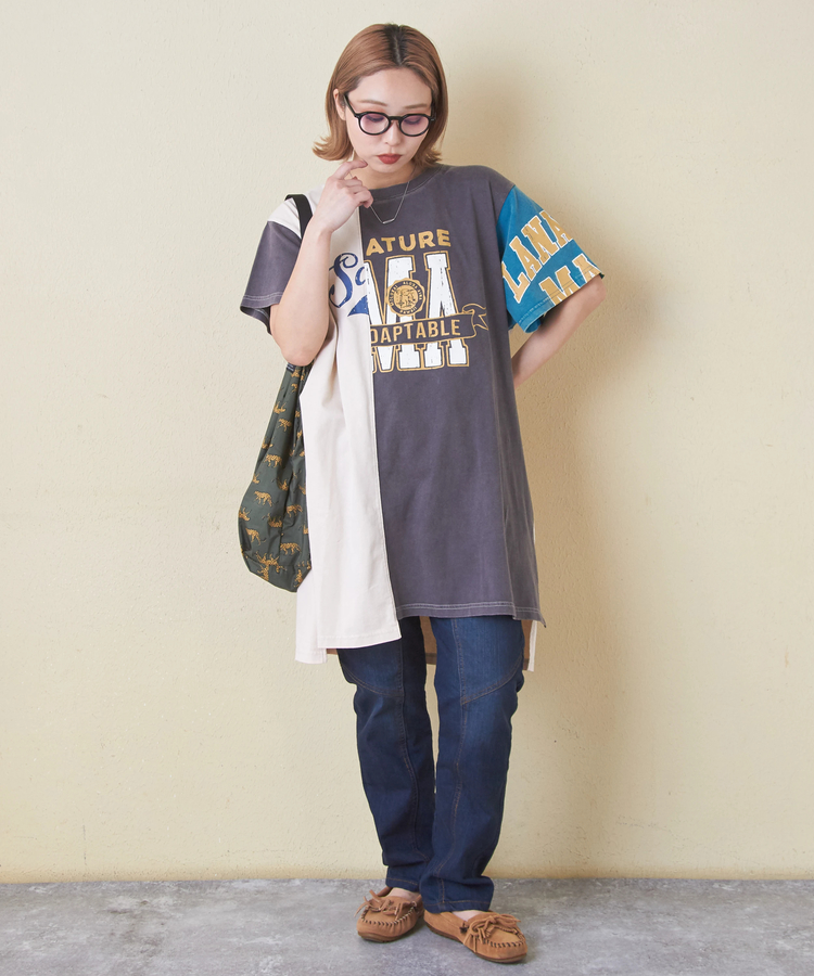 CUBE SUGAR(キューブシュガー) |26/-天竺 パウダー加工 アシンメトリー 切替 チュニック Tシャツ